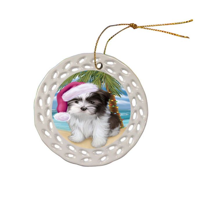 Summertime Happy Holidays Christmas Malti Tzu Dog on Tropical Island Beach Ceramic Doily Ornament DPOR54574