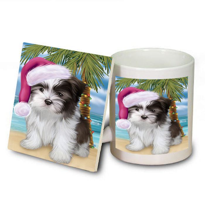 Summertime Happy Holidays Christmas Malti Tzu Dog on Tropical Island Beach Mug and Coaster Set MUC54438