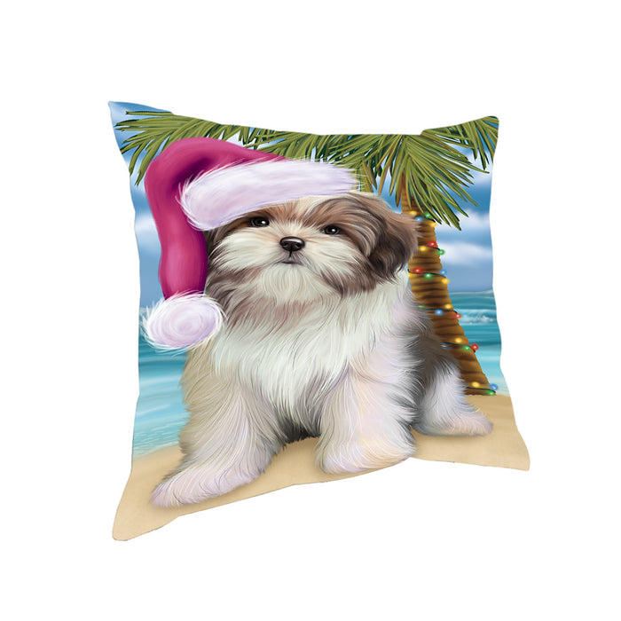 Summertime Happy Holidays Christmas Malti Tzu Dog on Tropical Island Beach Pillow PIL74924