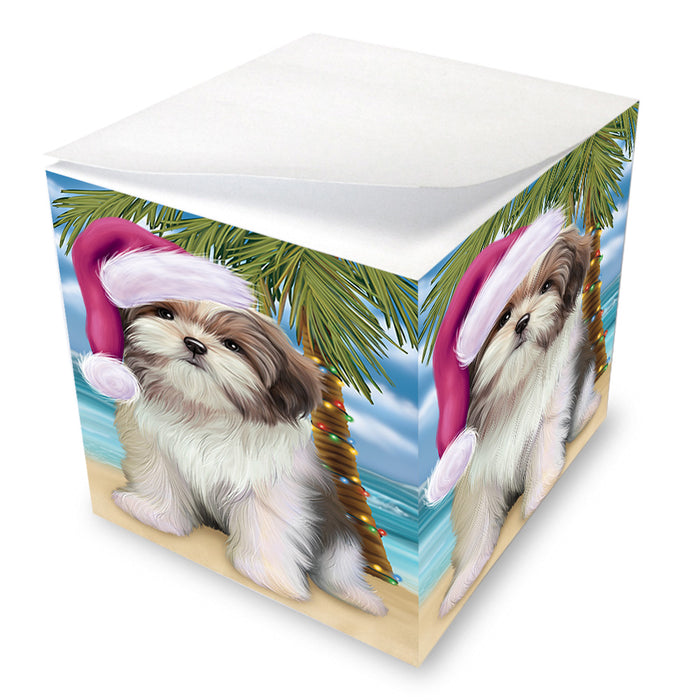 Summertime Happy Holidays Christmas Malti Tzu Dog on Tropical Island Beach Note Cube NOC56093