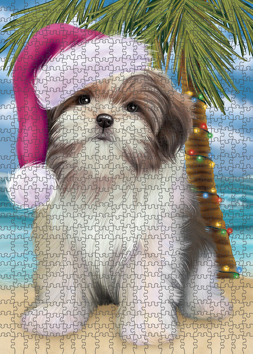 Summertime Happy Holidays Christmas Malti Tzu Dog on Tropical Island Beach Puzzle with Photo Tin PUZL85456