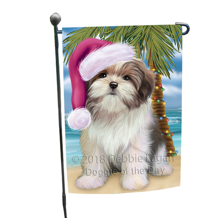 Summertime Happy Holidays Christmas Malti Tzu Dog on Tropical Island Beach Garden Flag GFLG54637