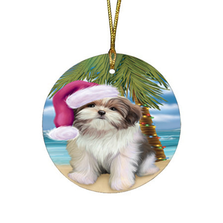 Summertime Happy Holidays Christmas Malti Tzu Dog on Tropical Island Beach Round Flat Christmas Ornament RFPOR54566