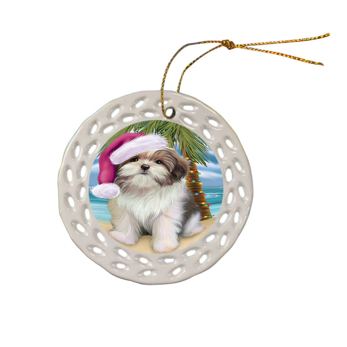Summertime Happy Holidays Christmas Malti Tzu Dog on Tropical Island Beach Ceramic Doily Ornament DPOR54575