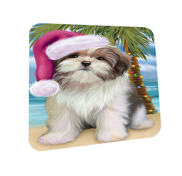 Summertime Happy Holidays Christmas Malti Tzu Dog on Tropical Island Beach Coasters Set of 4 CST54405