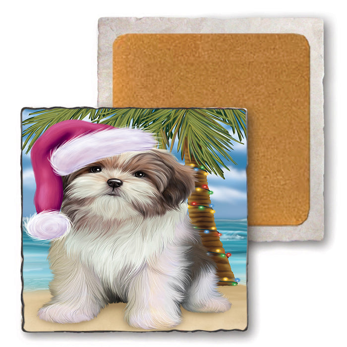 Summertime Happy Holidays Christmas Malti Tzu Dog on Tropical Island Beach Set of 4 Natural Stone Marble Tile Coasters MCST49447