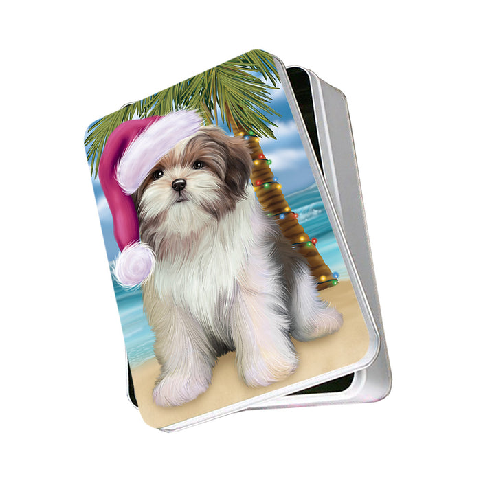 Summertime Happy Holidays Christmas Malti Tzu Dog on Tropical Island Beach Photo Storage Tin PITN54390