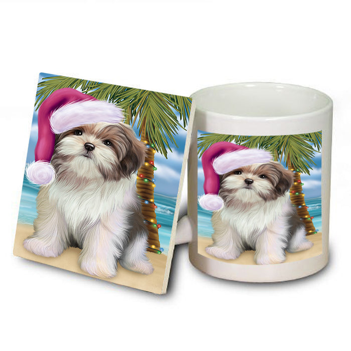 Summertime Happy Holidays Christmas Malti Tzu Dog on Tropical Island Beach Mug and Coaster Set MUC54439