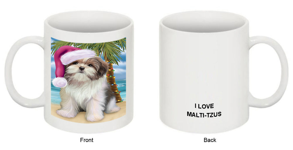 Summertime Happy Holidays Christmas Malti Tzu Dog on Tropical Island Beach Coffee Mug MUG49845