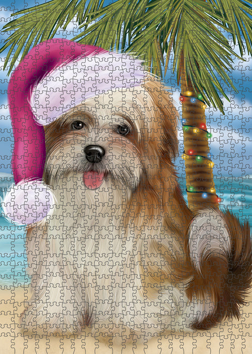 Summertime Happy Holidays Christmas Malti Tzu Dog on Tropical Island Beach Puzzle with Photo Tin PUZL85460