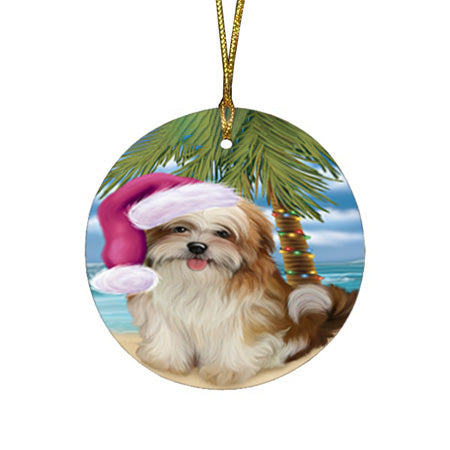 Summertime Happy Holidays Christmas Malti Tzu Dog on Tropical Island Beach Round Flat Christmas Ornament RFPOR54567