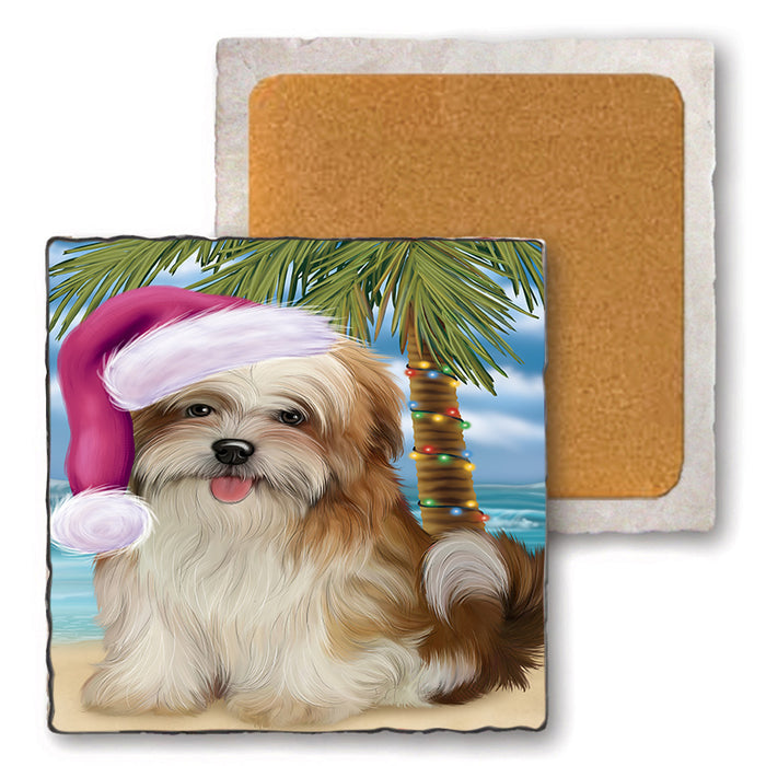Summertime Happy Holidays Christmas Malti Tzu Dog on Tropical Island Beach Set of 4 Natural Stone Marble Tile Coasters MCST49448