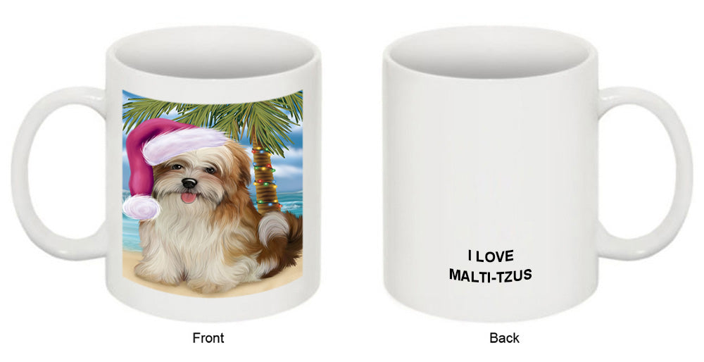 Summertime Happy Holidays Christmas Malti Tzu Dog on Tropical Island Beach Coffee Mug MUG49846