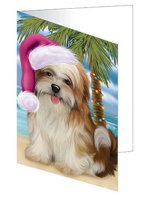 Summertime Happy Holidays Christmas Malti Tzu Dog on Tropical Island Beach Handmade Artwork Assorted Pets Greeting Cards and Note Cards with Envelopes for All Occasions and Holiday Seasons GCD67757