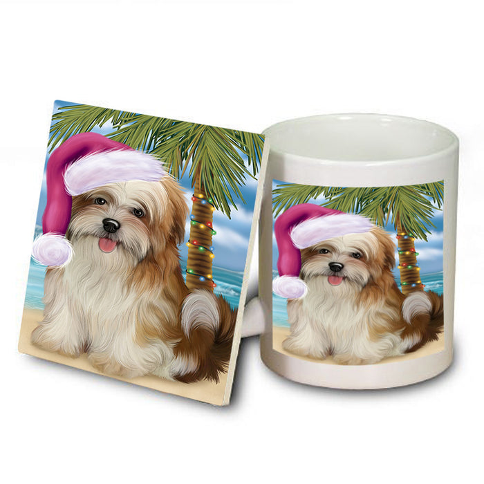 Summertime Happy Holidays Christmas Malti Tzu Dog on Tropical Island Beach Mug and Coaster Set MUC54440