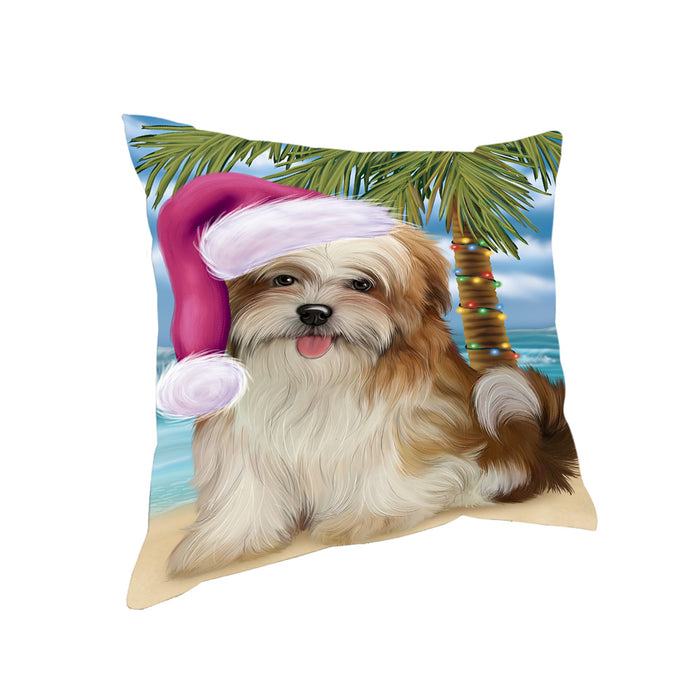Summertime Happy Holidays Christmas Malti Tzu Dog on Tropical Island Beach Pillow PIL74928
