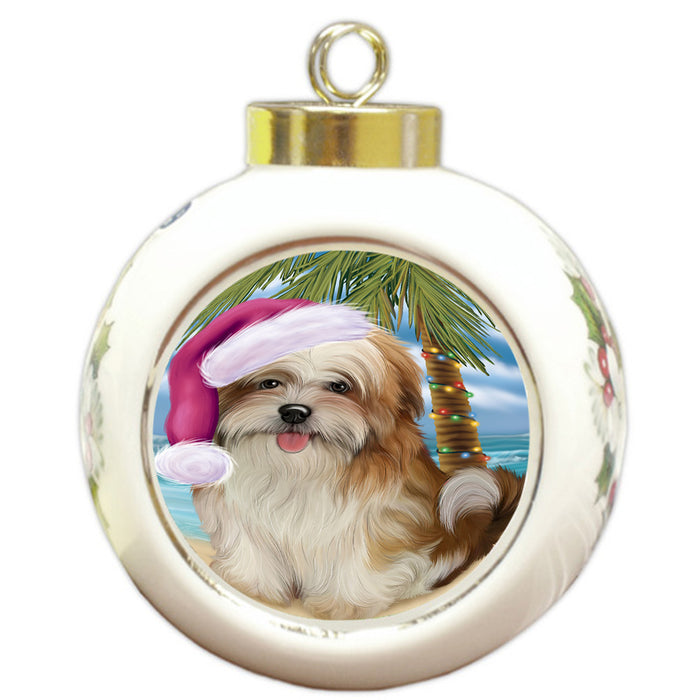 Summertime Happy Holidays Christmas Malti Tzu Dog on Tropical Island Beach Round Ball Christmas Ornament RBPOR54576