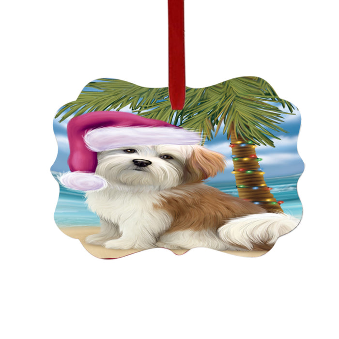 Summertime Happy Holidays Christmas Malti Tzu Dog on Tropical Island Beach Double-Sided Photo Benelux Christmas Ornament LOR49385