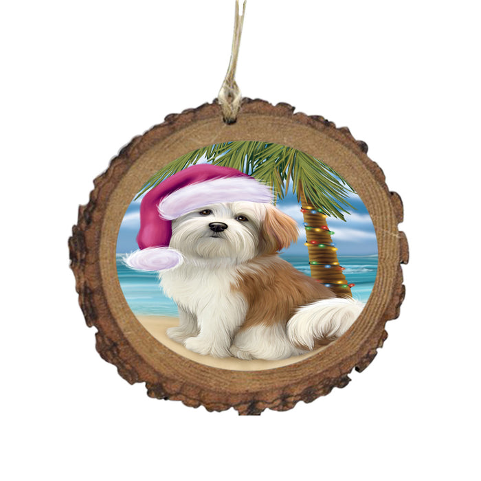 Summertime Happy Holidays Christmas Malti Tzu Dog on Tropical Island Beach Wooden Christmas Ornament WOR49385