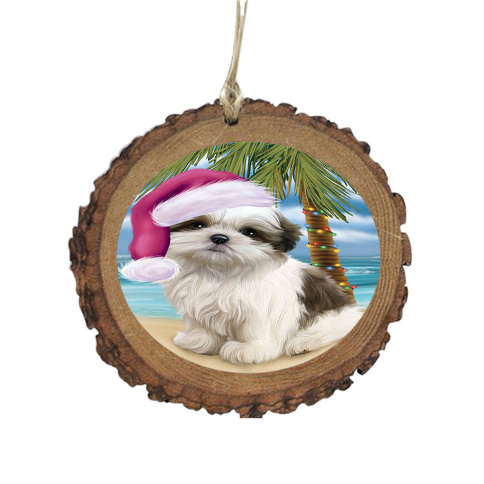 Summertime Happy Holidays Christmas Malti Tzu Dog on Tropical Island Beach Wooden Christmas Ornament WOR49386