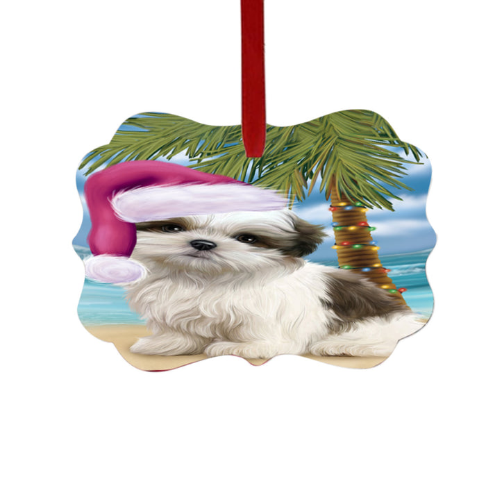 Summertime Happy Holidays Christmas Malti Tzu Dog on Tropical Island Beach Double-Sided Photo Benelux Christmas Ornament LOR49386