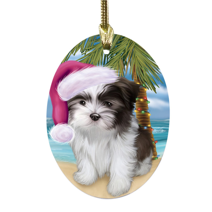 Summertime Happy Holidays Christmas Malti Tzu Dog on Tropical Island Beach Oval Glass Christmas Ornament OGOR49387