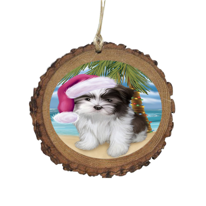 Summertime Happy Holidays Christmas Malti Tzu Dog on Tropical Island Beach Wooden Christmas Ornament WOR49387