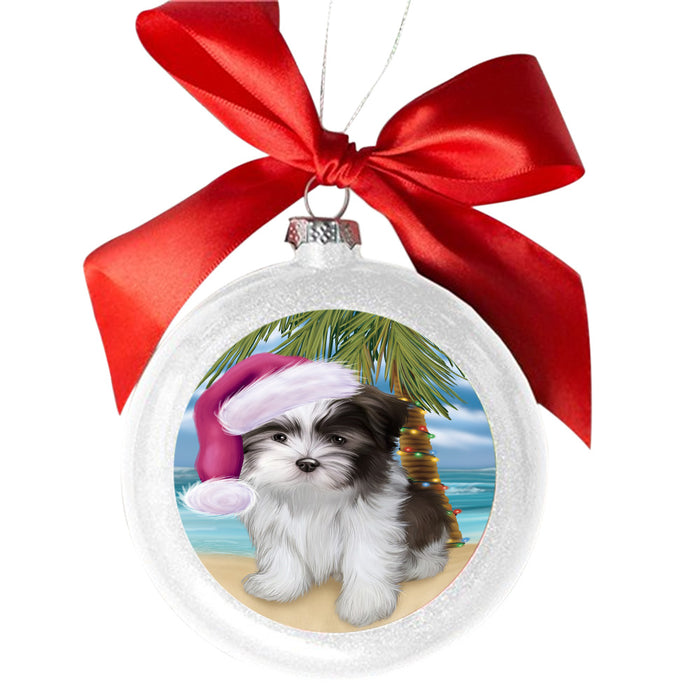Summertime Happy Holidays Christmas Malti Tzu Dog on Tropical Island Beach White Round Ball Christmas Ornament WBSOR49387