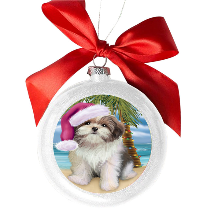Summertime Happy Holidays Christmas Malti Tzu Dog on Tropical Island Beach White Round Ball Christmas Ornament WBSOR49388