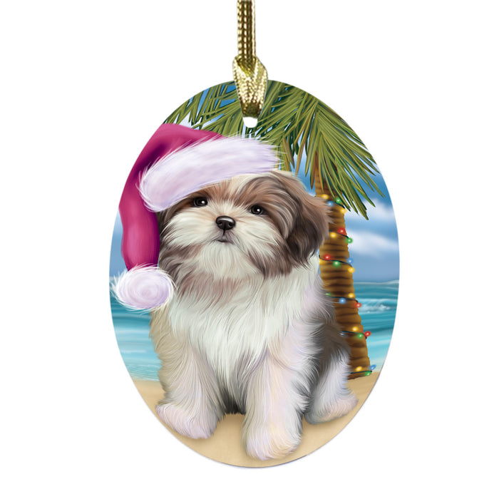 Summertime Happy Holidays Christmas Malti Tzu Dog on Tropical Island Beach Oval Glass Christmas Ornament OGOR49388