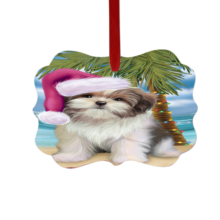 Summertime Happy Holidays Christmas Malti Tzu Dog on Tropical Island Beach Double-Sided Photo Benelux Christmas Ornament LOR49388