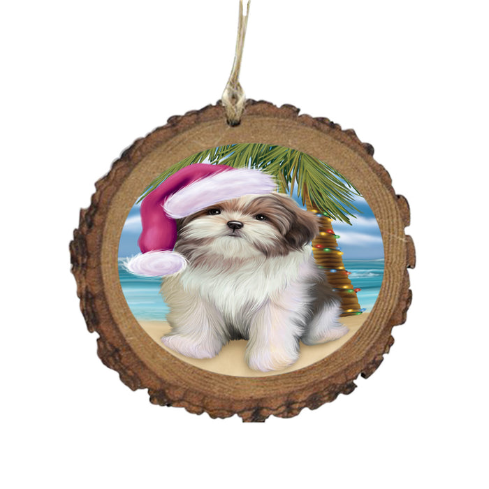 Summertime Happy Holidays Christmas Malti Tzu Dog on Tropical Island Beach Wooden Christmas Ornament WOR49388