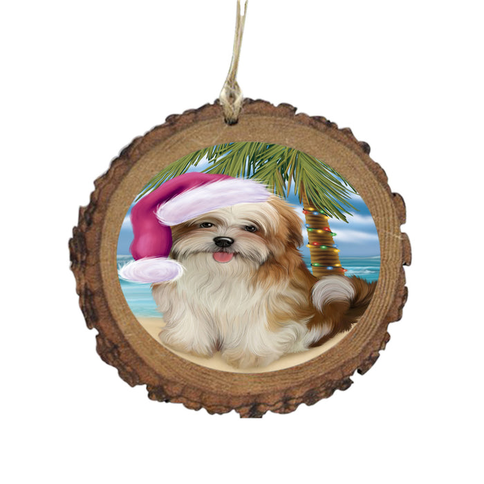 Summertime Happy Holidays Christmas Malti Tzu Dog on Tropical Island Beach Wooden Christmas Ornament WOR49389