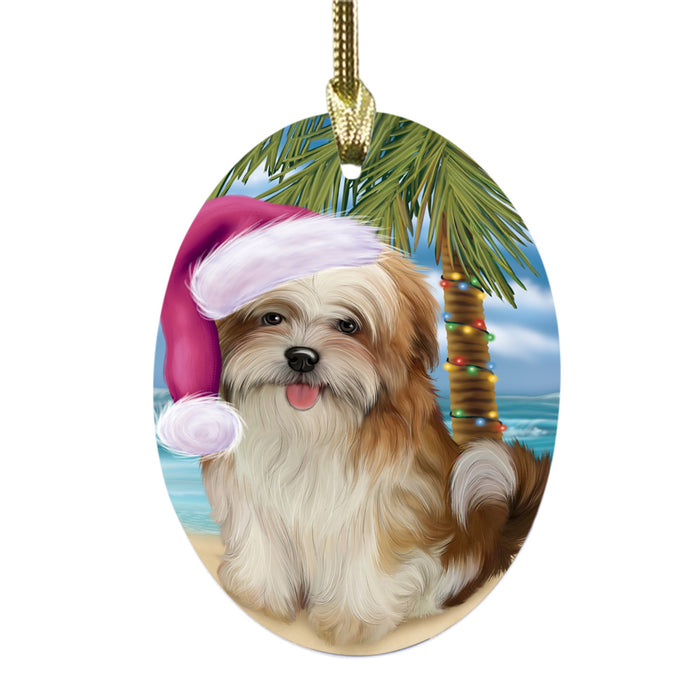 Summertime Happy Holidays Christmas Malti Tzu Dog on Tropical Island Beach Oval Glass Christmas Ornament OGOR49389