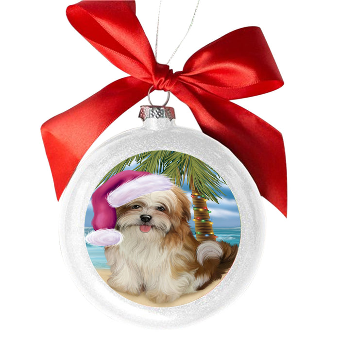 Summertime Happy Holidays Christmas Malti Tzu Dog on Tropical Island Beach White Round Ball Christmas Ornament WBSOR49389