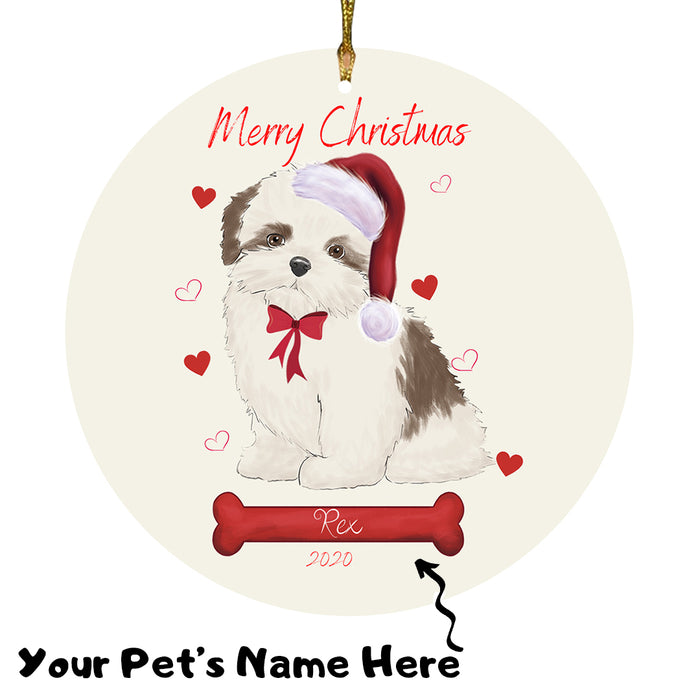 Personalized Merry Christmas  Malti Tzu Dog Christmas Tree Round Flat Ornament RBPOR58979