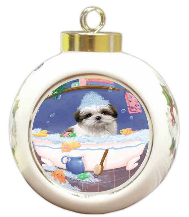Rub A Dub Dog In A Tub Malti Tzu Dog Round Ball Christmas Ornament RBPOR58622