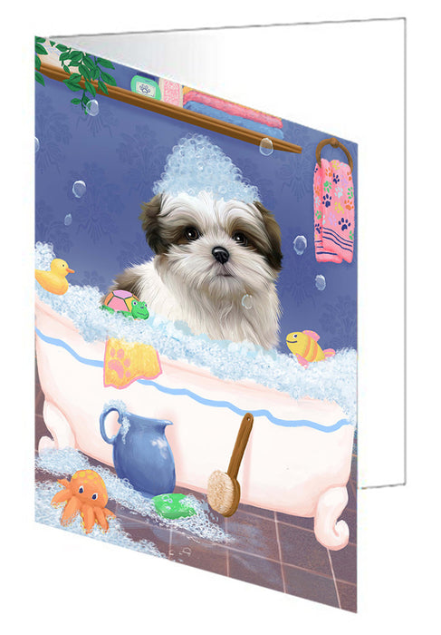 Rub A Dub Dog In A Tub Malti Tzu Dog Handmade Artwork Assorted Pets Greeting Cards and Note Cards with Envelopes for All Occasions and Holiday Seasons GCD79508