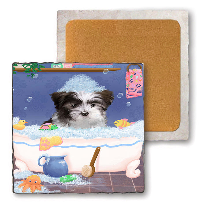 Rub A Dub Dog In A Tub Malti Tzu Dog Set of 4 Natural Stone Marble Tile Coasters MCST52399