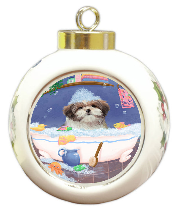 Rub A Dub Dog In A Tub Malti Tzu Dog Round Ball Christmas Ornament RBPOR58624