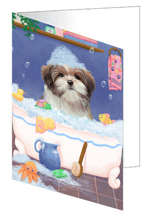 Rub A Dub Dog In A Tub Malti Tzu Dog Handmade Artwork Assorted Pets Greeting Cards and Note Cards with Envelopes for All Occasions and Holiday Seasons GCD79514