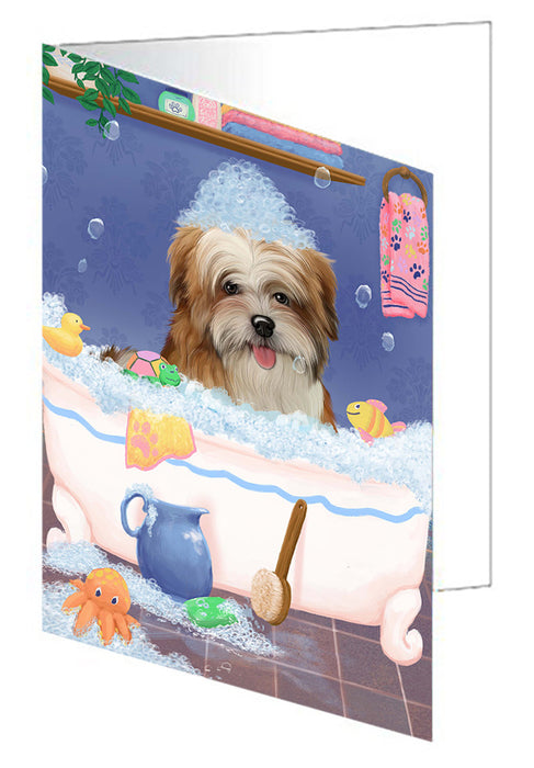 Rub A Dub Dog In A Tub Malti Tzu Dog Handmade Artwork Assorted Pets Greeting Cards and Note Cards with Envelopes for All Occasions and Holiday Seasons GCD79517