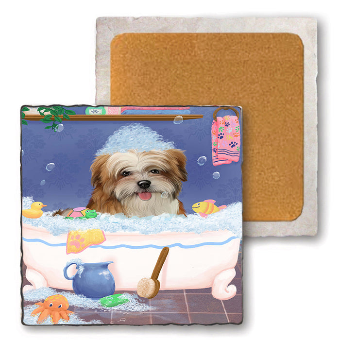 Rub A Dub Dog In A Tub Malti Tzu Dog Set of 4 Natural Stone Marble Tile Coasters MCST52401