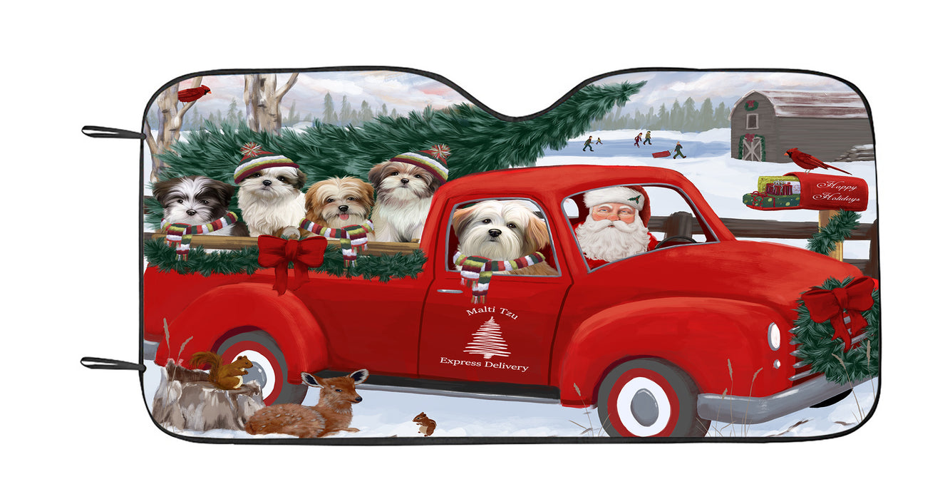 Christmas Santa Express Delivery Red Truck Malti Tzu Dogs Car Sun Shade