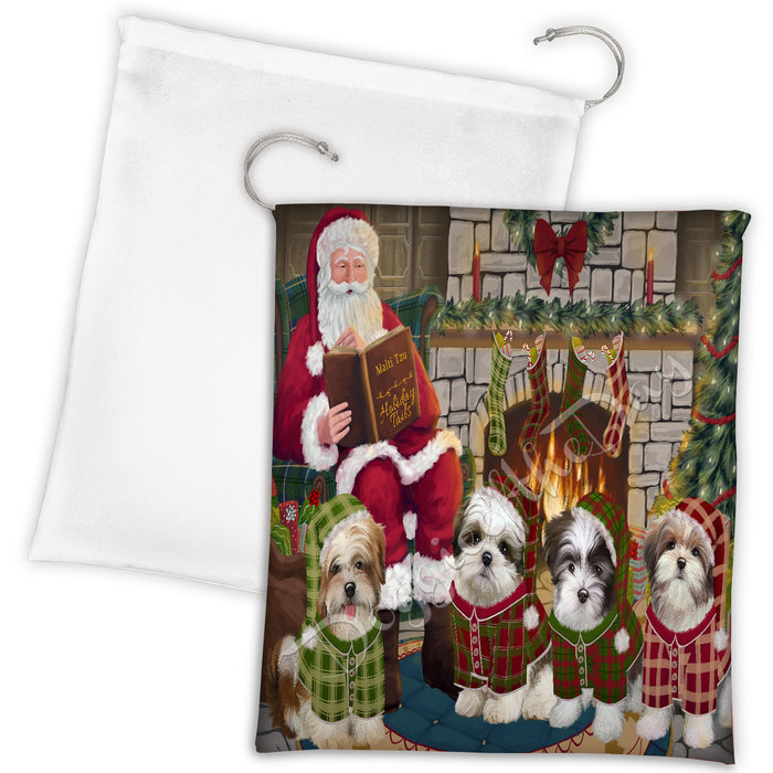 Christmas Cozy Holiday Fire Tails Malti Tzu Dogs Drawstring Laundry or Gift Bag LGB48517