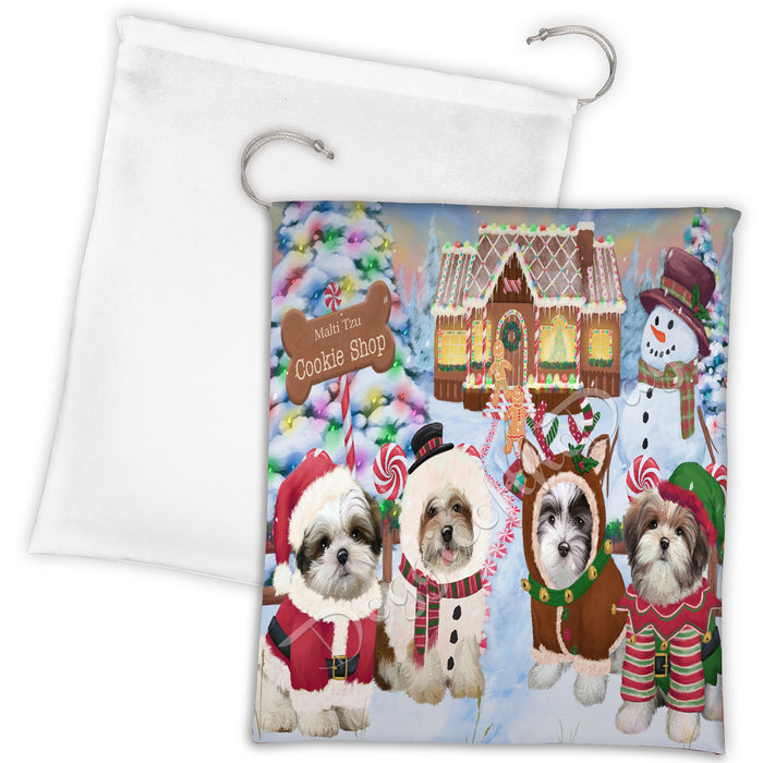 Holiday Gingerbread Cookie Malti Tzu Dogs Shop Drawstring Laundry or Gift Bag LGB48614