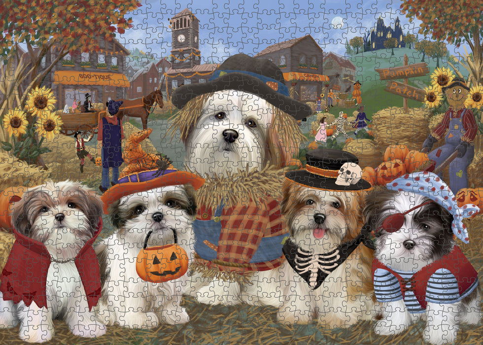 Halloween 'Round Town And Fall Pumpkin Scarecrow Both Malti Tzu Dogs Puzzle with Photo Tin PUZL96352
