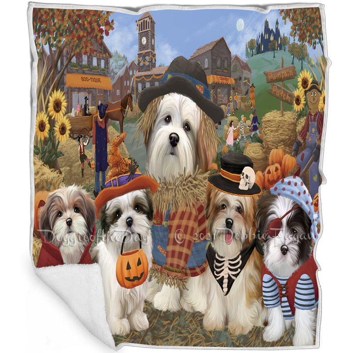 Halloween 'Round Town And Fall Pumpkin Scarecrow Both Malti Tzu Dogs Blanket BLNKT139061