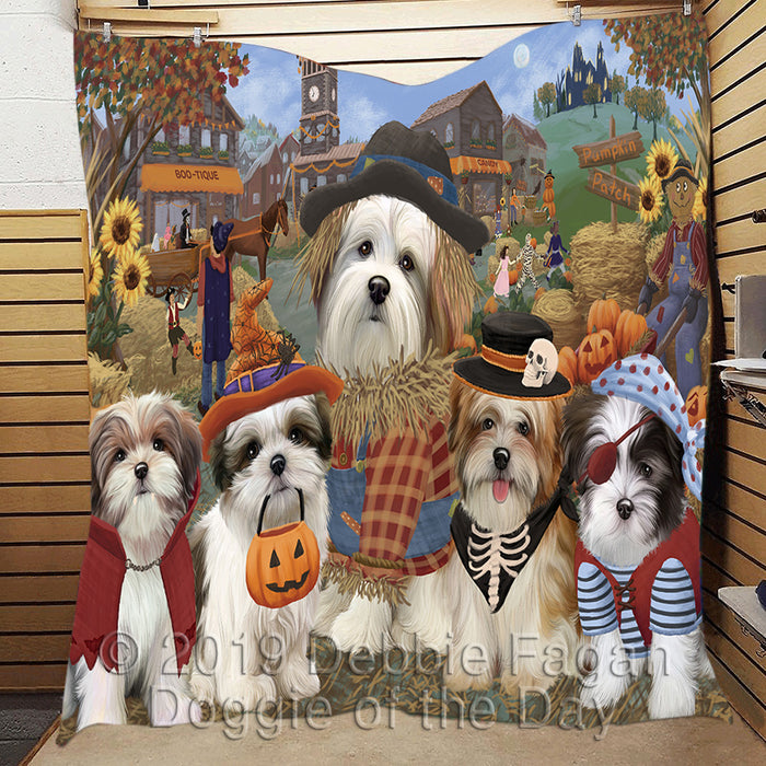 Halloween 'Round Town and Fall Pumpkin Scarecrow Both Malti Tzu Dogs Quilt