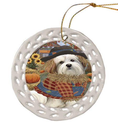 Fall Pumpkin Scarecrow Malti Tzu Dogs Ceramic Doily Ornament DPOR57572